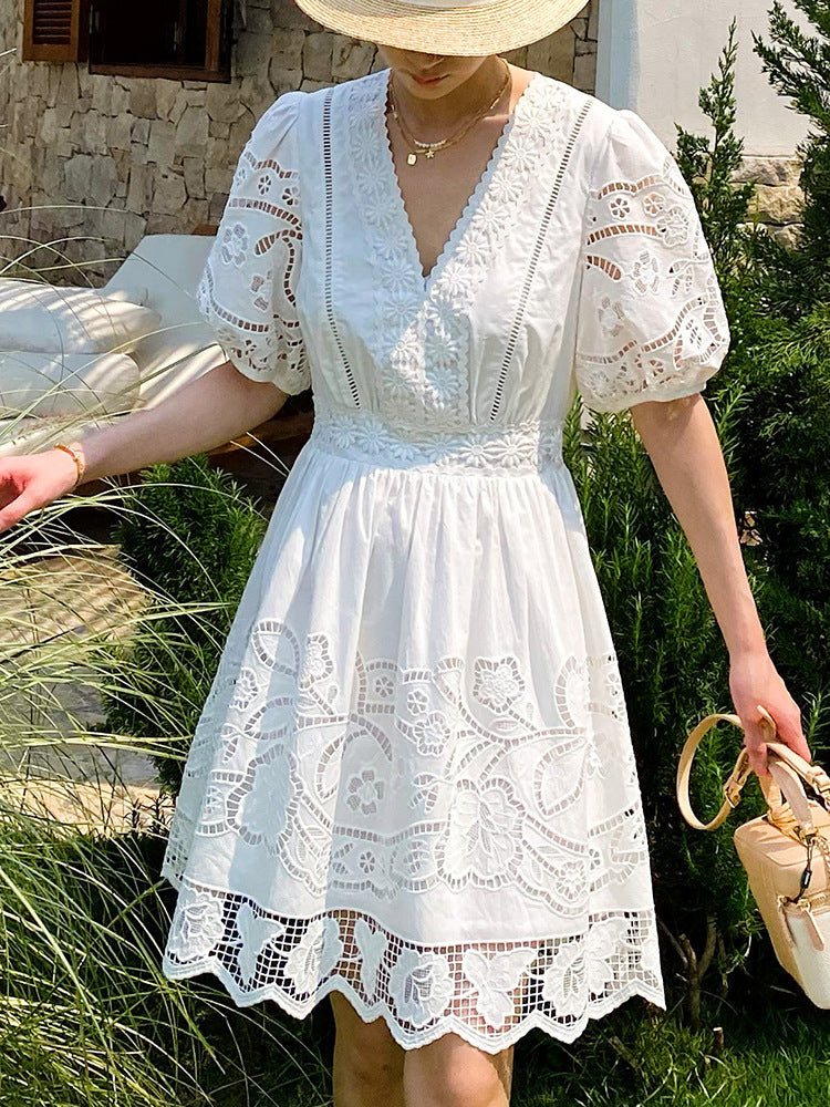 White Openwork Embroidered Short Sleeve V-Neck Petite Dress