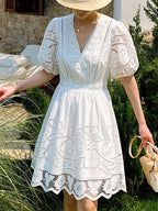 White Openwork Embroidered Short Sleeve V-Neck Petite Dress