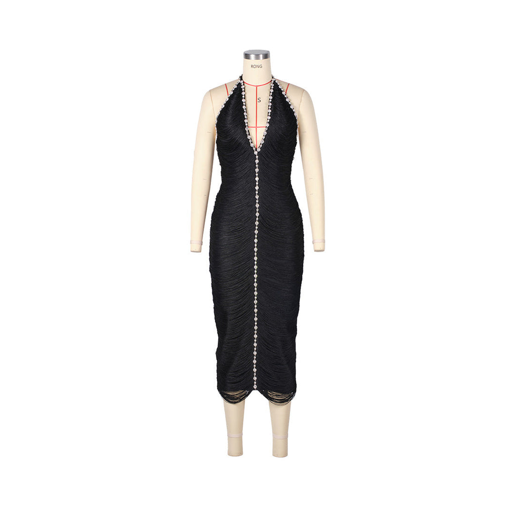 sherry halter rhinestone bandage tassel midi dress in black