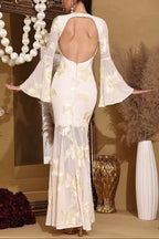 Flowering Girl Women Trumpet Sleeve Hip-Hugging Mesh Embroidery Maxi Dress In Pale Yellow