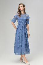 Flowering Girl Women Lorraine Lace Ruffle Trim Midi Dress In Blue