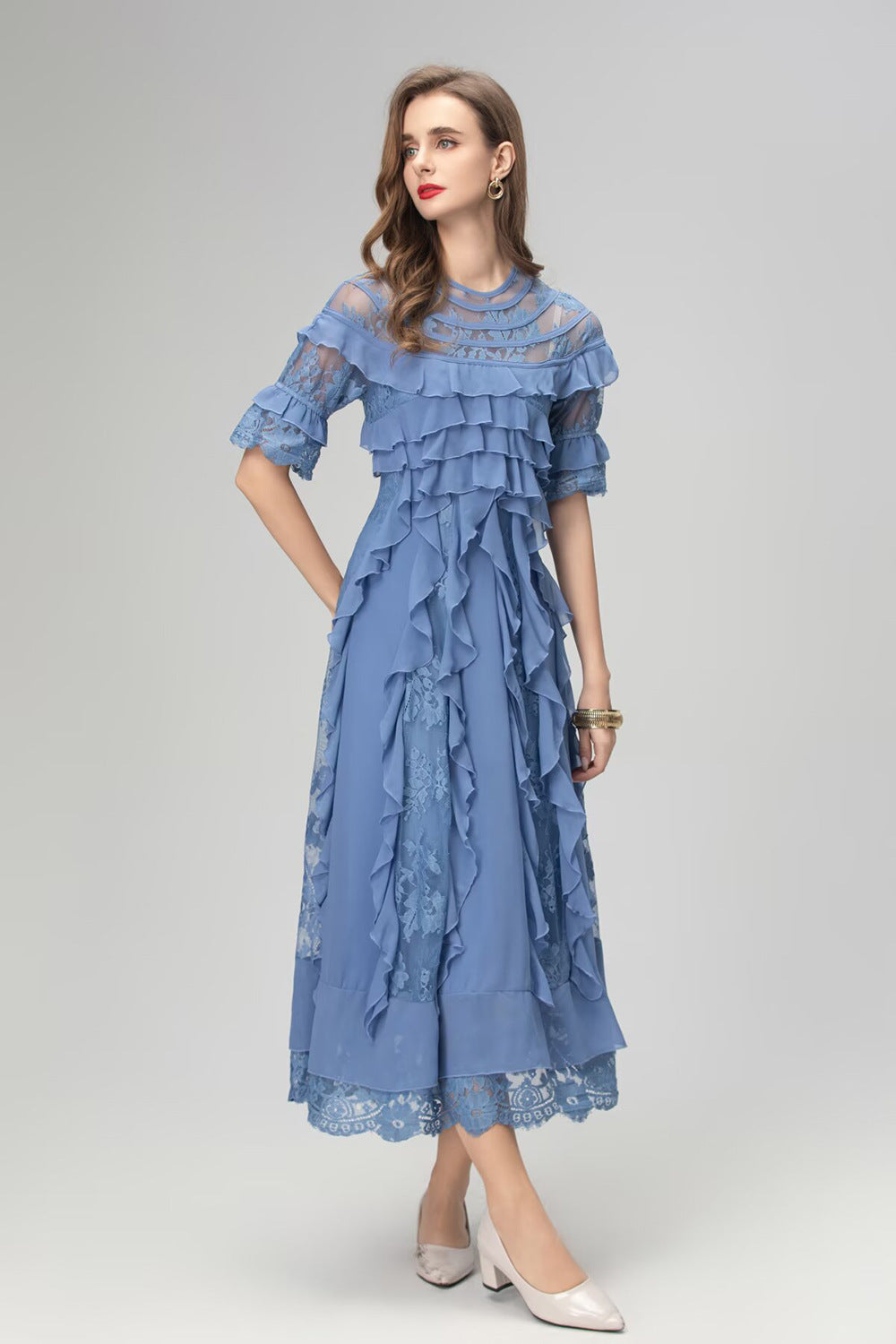 Flowering Girl Women Lorraine Lace Ruffle Trim Midi Dress In Blue