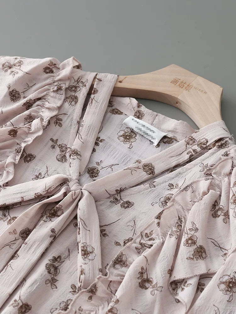 Flowering Girl Women V-Neck Self-Tie Bow Ruffle Floral Print Puff Long Sleeve Blouse