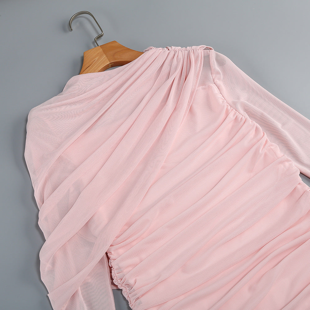 High-Neck Drapey Pleated Mesh Panel Maxi Dress In Pink