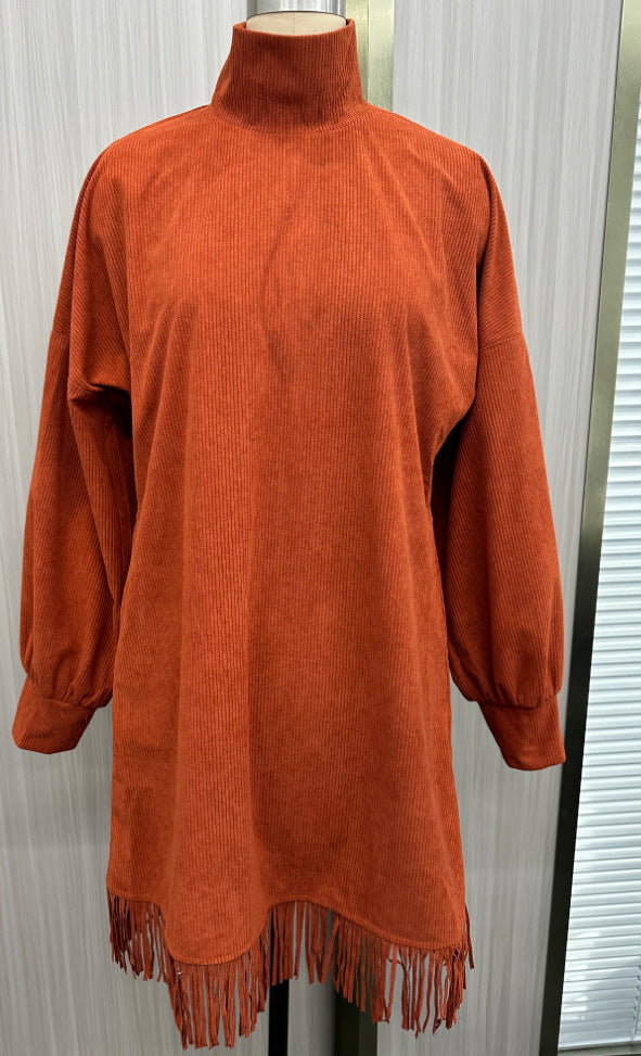 Flowering Girl Women Orange Corduroy Loose Tassel Hem High Collar Dress