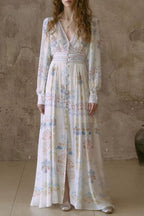 Flowering Girl Women lesley Printed V-neck lantern sleeve slit maxi dress - blue