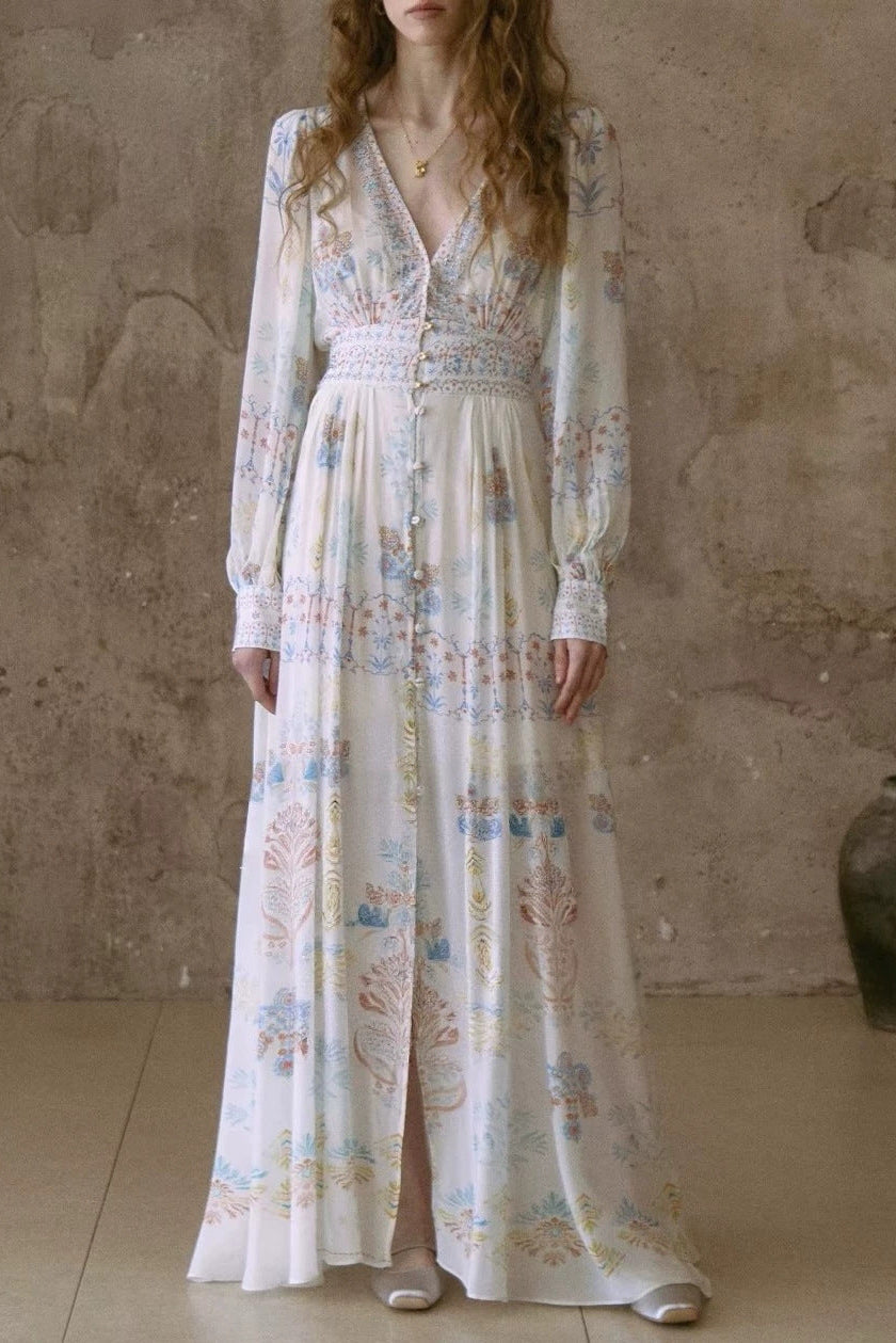 Flowering Girl Women lesley Printed V-neck lantern sleeve slit maxi dress - blue