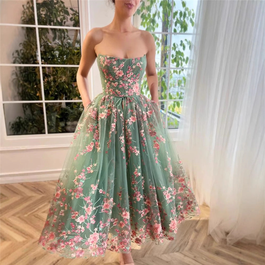 Flowering Girl Women Strapless Floral Tulle Ballerina Midi Dress