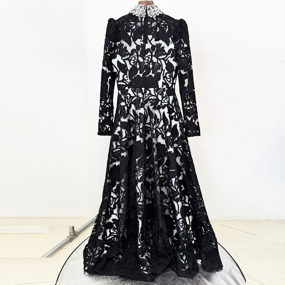 Flowering Girl Women black mesh diamond embroidered maxi dress