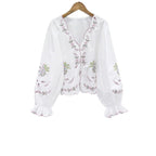 Openwork Embroidered V-Neck Closed Flared Sleeve Shirt