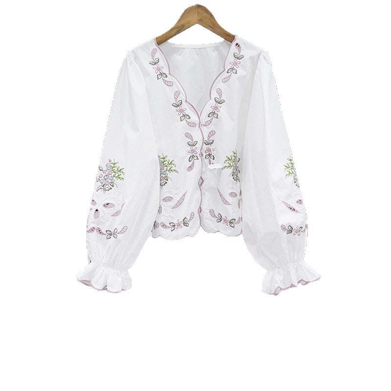 Openwork Embroidered V-Neck Closed Flared Sleeve Shirt