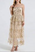 Ashley Gold Rhinestone Sequin Embroidery Layer Maxi Dress