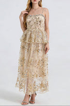 Ashley Gold Rhinestone Sequin Embroidery Layer Maxi Dress