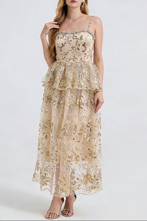 Flowering Girl Women Ashley Gold Rhinestone Sequin Embroidery Layer Maxi Dress