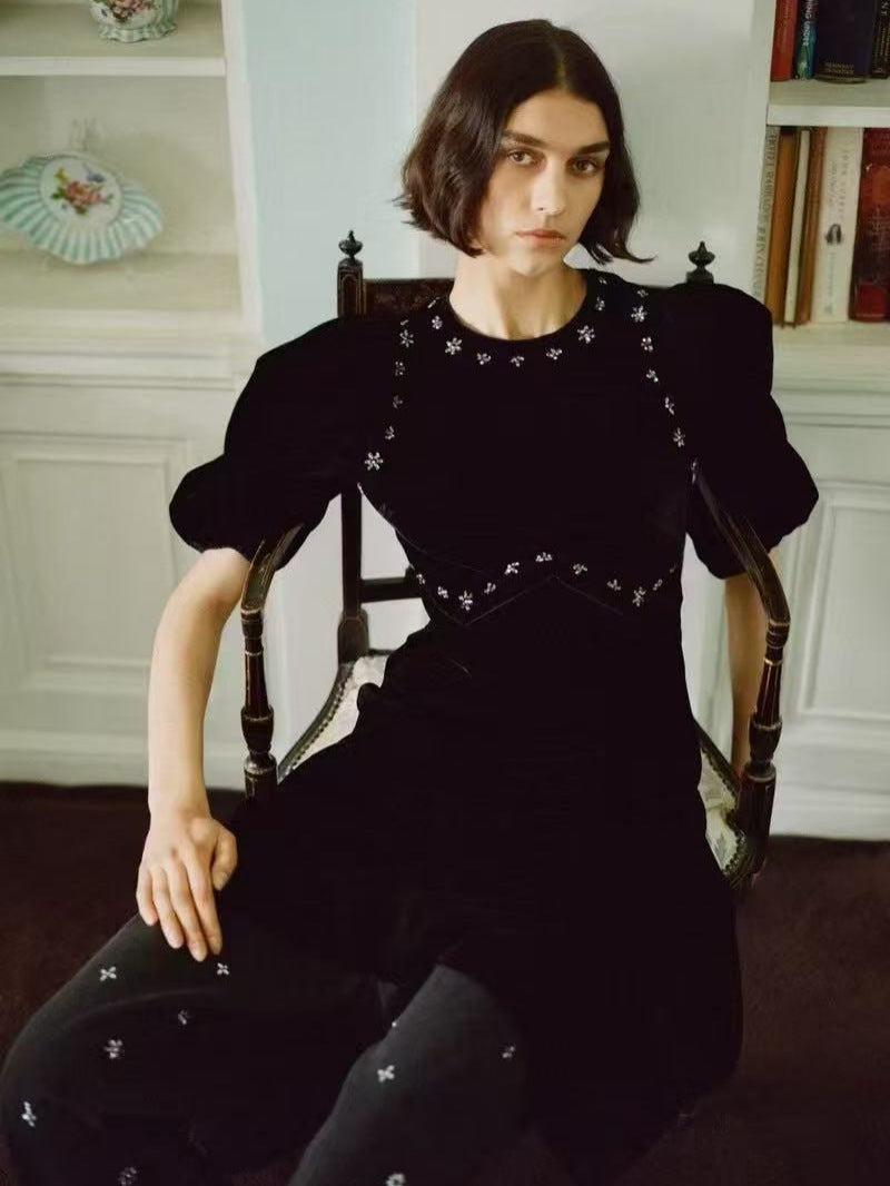 Vicky Black Rhinestone Embellished Velvet Puff Sleeve Maxi Dress