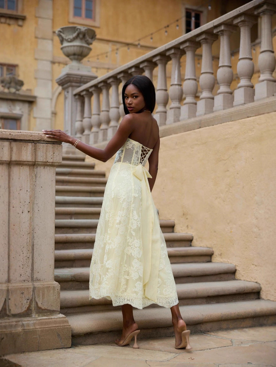 Amanda Yellow European American Style Sexy Backless Tie-Wrap Dress