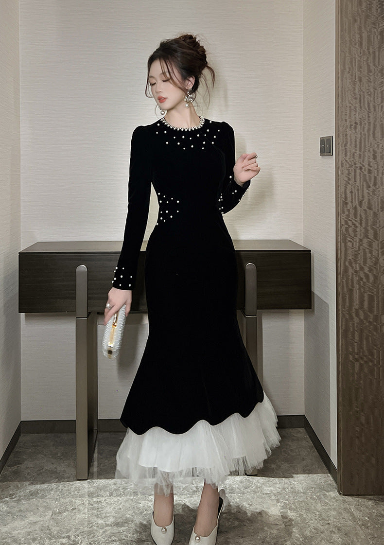 zona black Beaded irregular hem velvet fishtail maxi dress