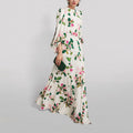 White Floral Print Satin Maxi Dress With Balloon Sleeves