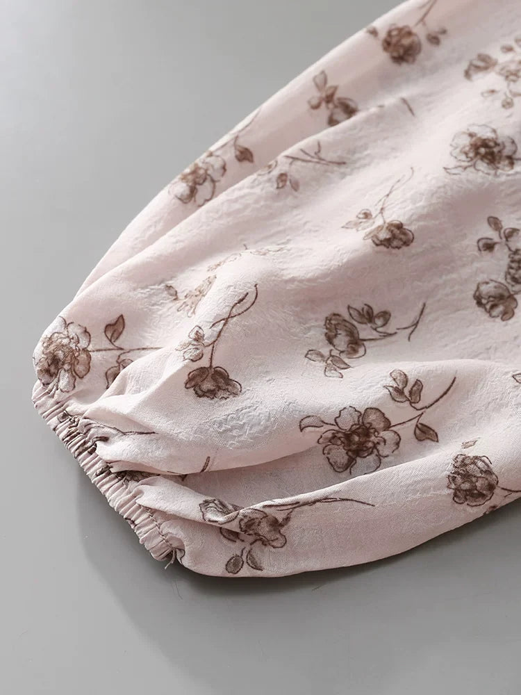 Flowering Girl Women V-Neck Self-Tie Bow Ruffle Floral Print Puff Long Sleeve Blouse