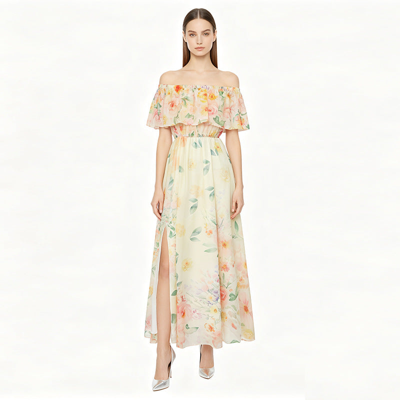 Flowering Girl Women Off-shoulder print slit chiffon maxi dress - pale yellow