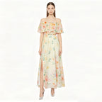 Flowering Girl Women Off-shoulder print slit chiffon maxi dress - pale yellow