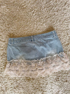 Flowering Girl Women layered lace ruffle patchwork with pure cotton denim low-rise mini short skirt