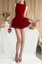 candance Sleeveless puffy velvet mini dress in red
