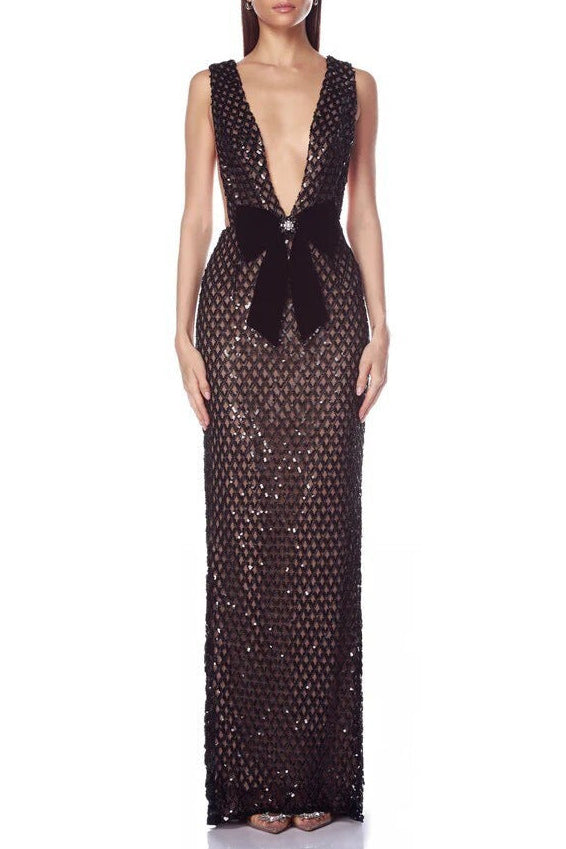 Flowering Girl Women Rebecca Bow Sequin Embellished v Neck Maxi Dress In Black