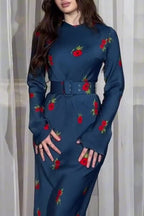 Long Sleeve Round Neck Ice Silk Breathable Flower Print maxi Dress