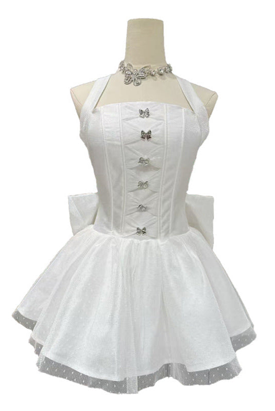 Flowering Girl Women Nora Off-Shoulder Backless Lace Bow Mini Dress In White