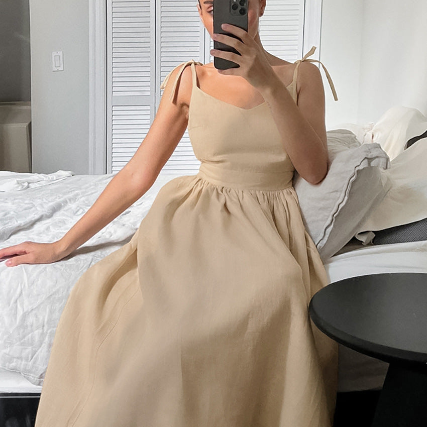 Flowering Girl Women cotton linen backless strap midi dress