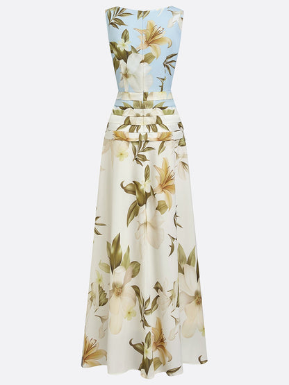 Floral Print Ruched Sleeveless A-Line Maxi Dress