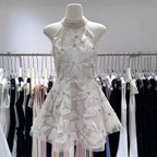 Halter 3D Floral Rhinestone Sheer Mini Dress