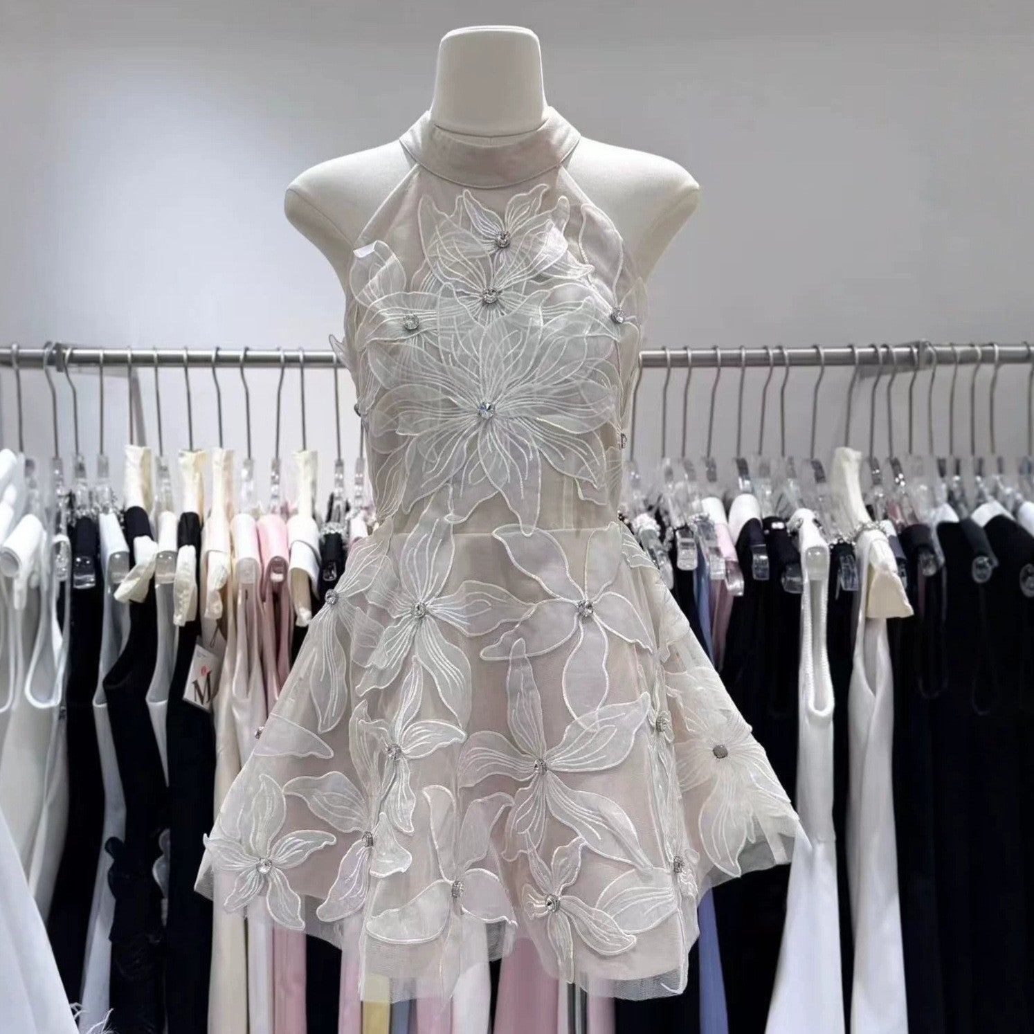 Halter 3D Floral Rhinestone Sheer Mini Dress