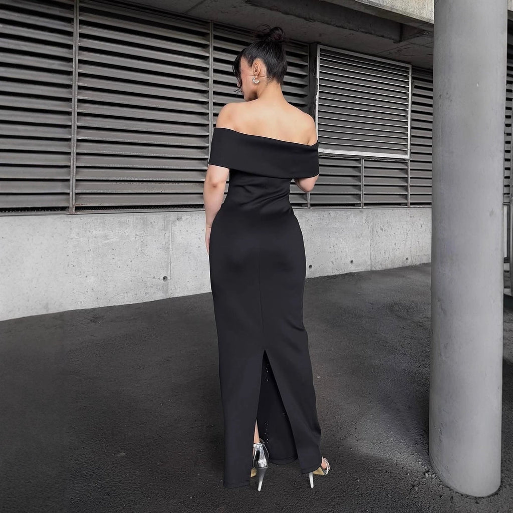Laurel Off-Shoulder Rhinestone Bandage Maxi Dress In Black