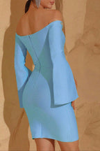 Cara Off-Shoulder Long-Sleeve Diamond Bodycon Mini Dress In Blue