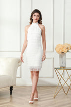 Flowering Girl Women vanessa Halter Sleeveless Tassel Bandage Mini Dress in white