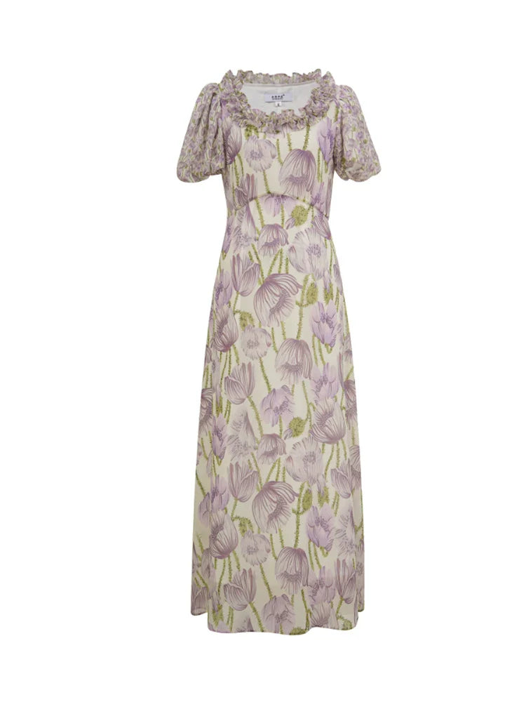 Puff sleeve floral skirt summer small fresh very fairy dress, purple summer thin long skirt gentle fungus side girl