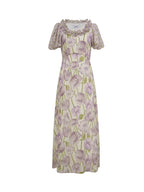 Puff sleeve floral skirt summer small fresh very fairy dress, purple summer thin long skirt gentle fungus side girl