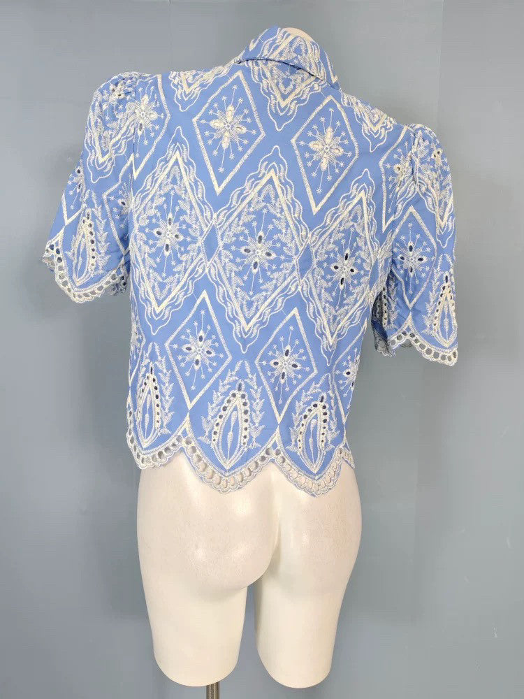 Blue & White Embroidered Puff Sleeve Lace Blouse