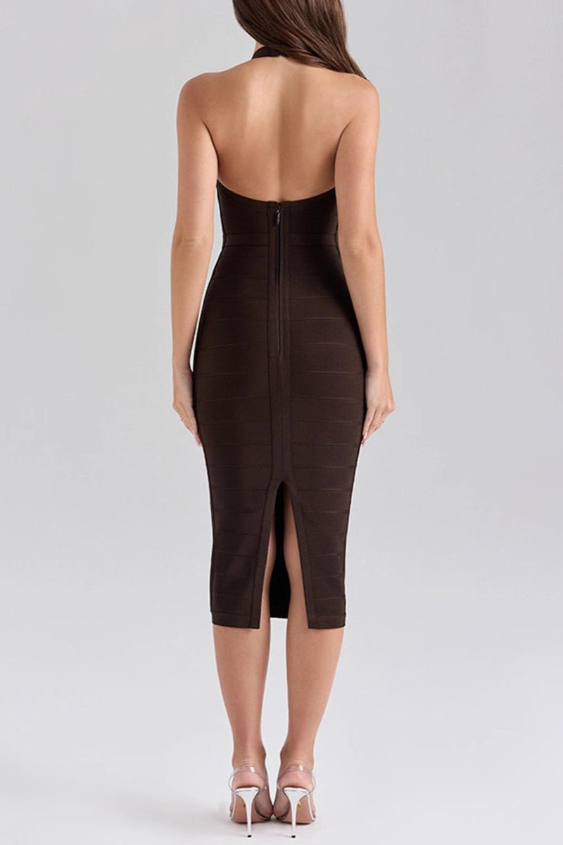 Flowering Girl Women Chocolate Halter Bodycon Midi Bandage Dress