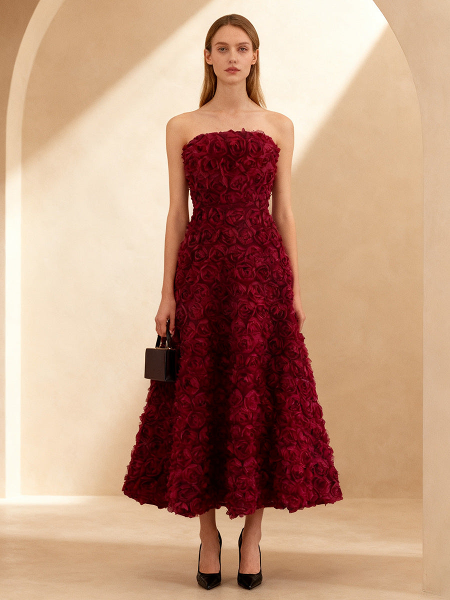 Flowering Girl Women Mona 3D Rose Petal Strapless Mesh Maxi Dress In Wine Red