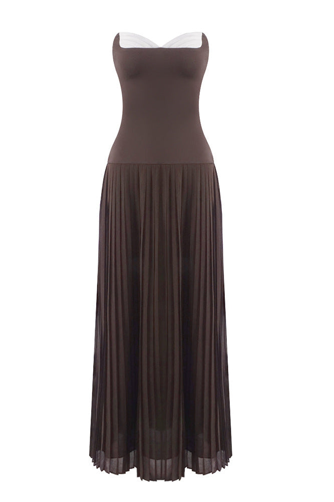 nelly pleated detail strapless maxi dress in brown