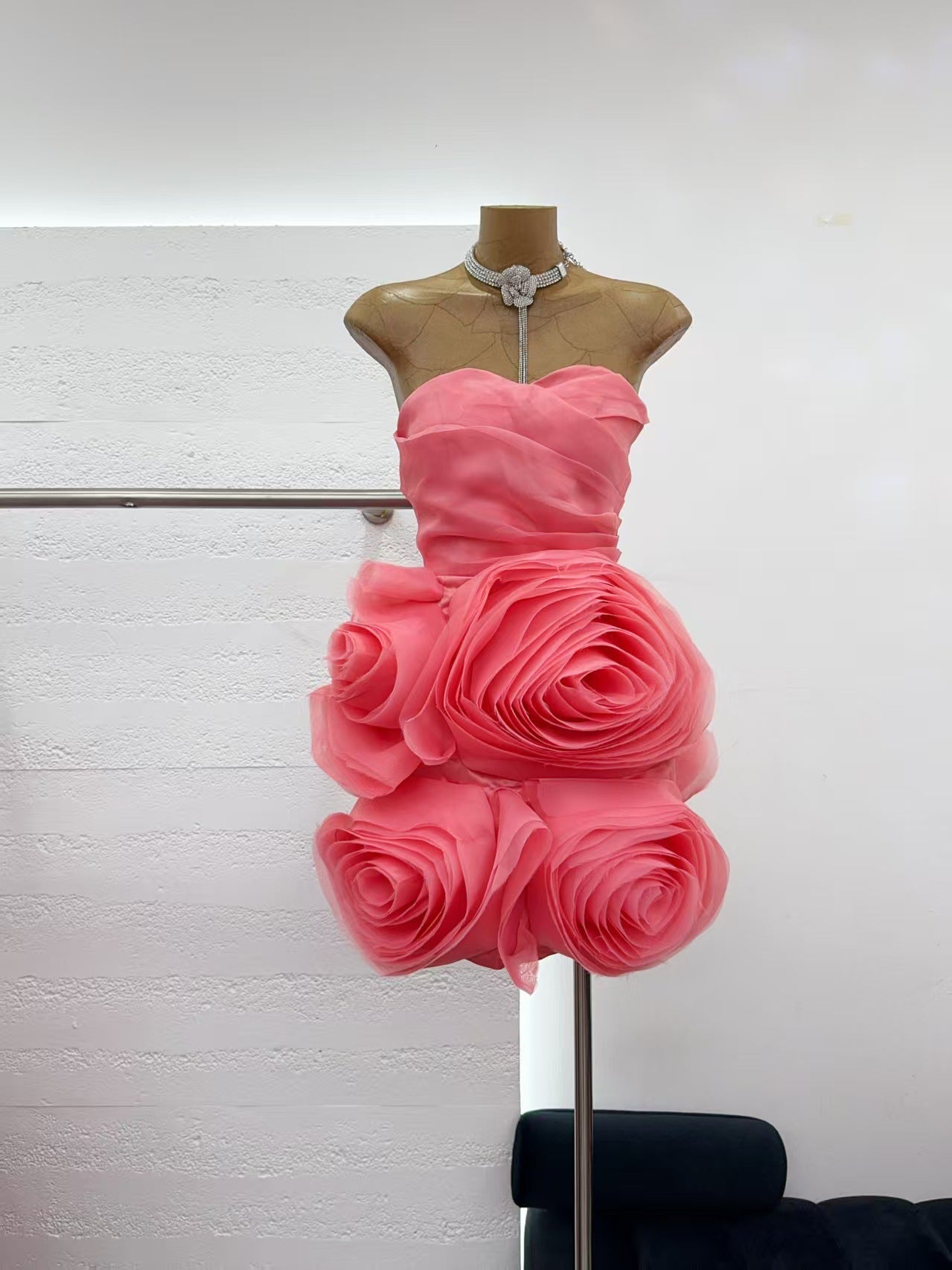 Georgia Appliquéd Organza Coral Mini Dress