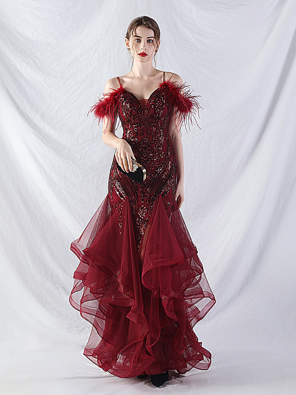 Flowering Girl Women Feather Sequin Strapless Tulle Maxi Dress