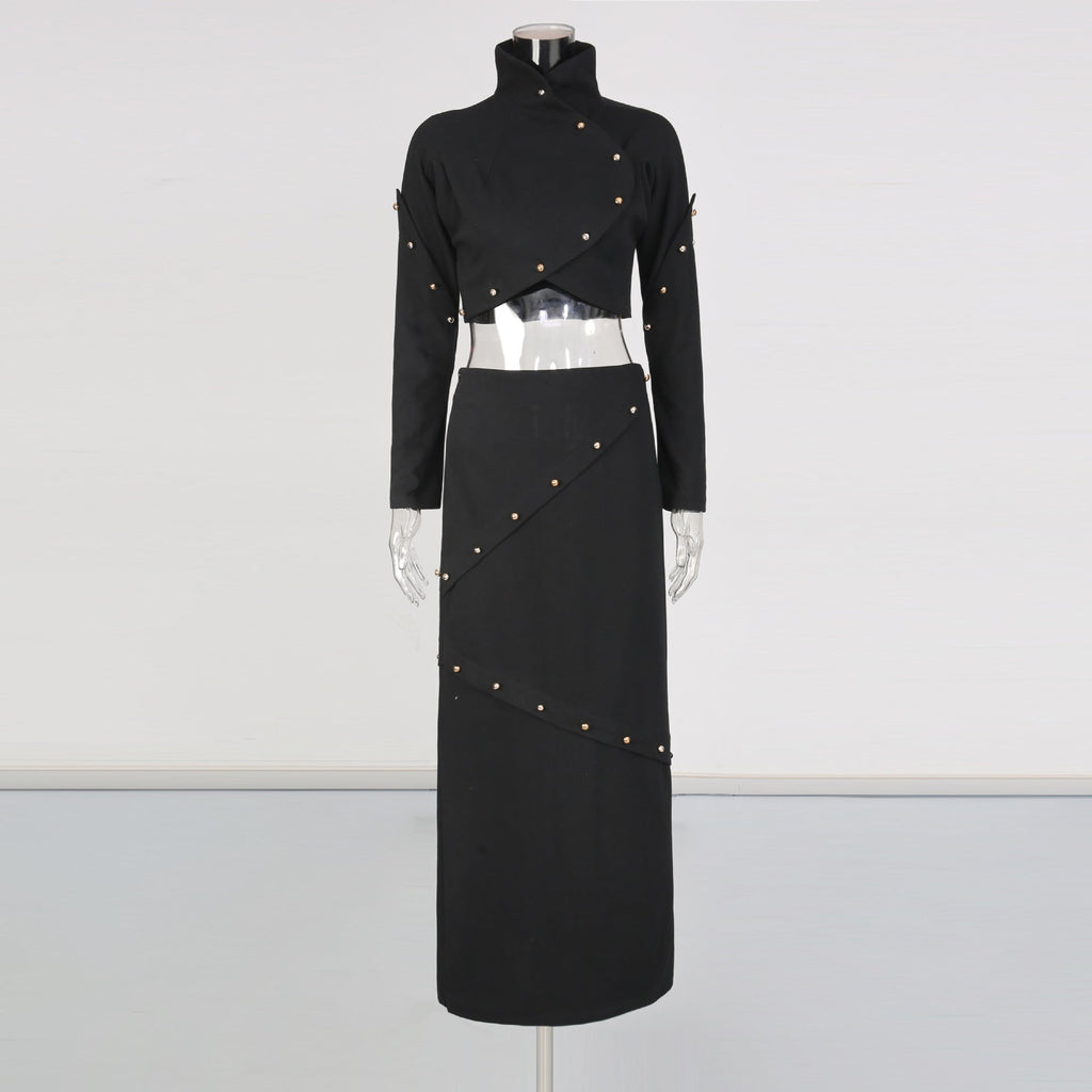 Button-embellished cotton-jersey top maxi skirt suit in black