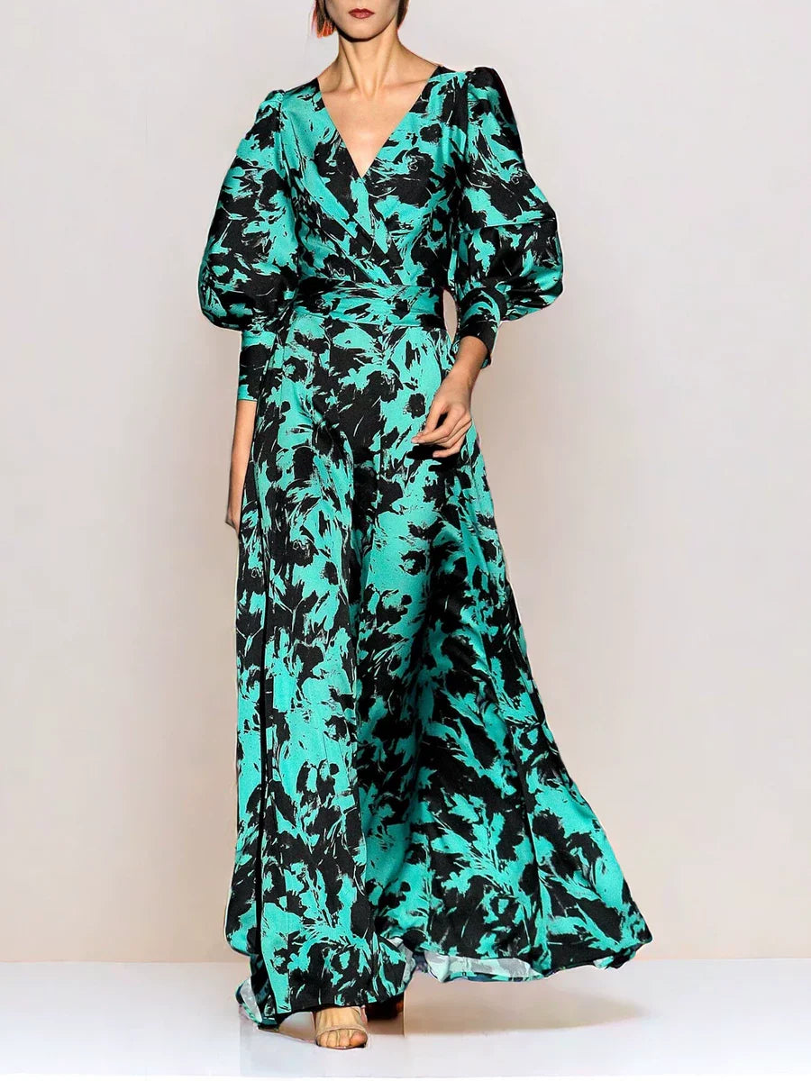 Acetate Satin Floral Dress Women's Vintage Green Lantern Sleeve V-neck Long Skirt Women's Design Sense 2024 Spring/Summer