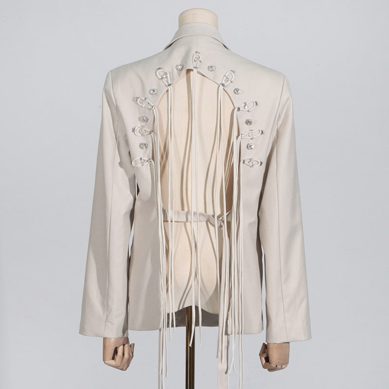 Flowering Girl Women Vienna Cutout Fringe Backless Blazer In Apricot