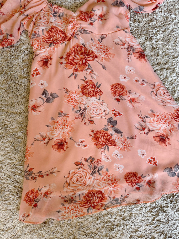 Flowering Girl Women floral bow tie backless lantern sleeves dress
