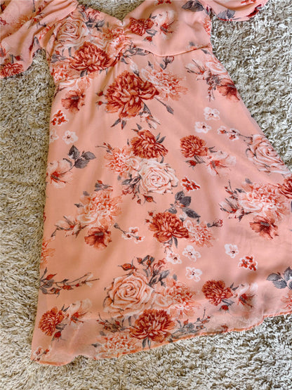 floral bow tie backless lantern sleeves dress